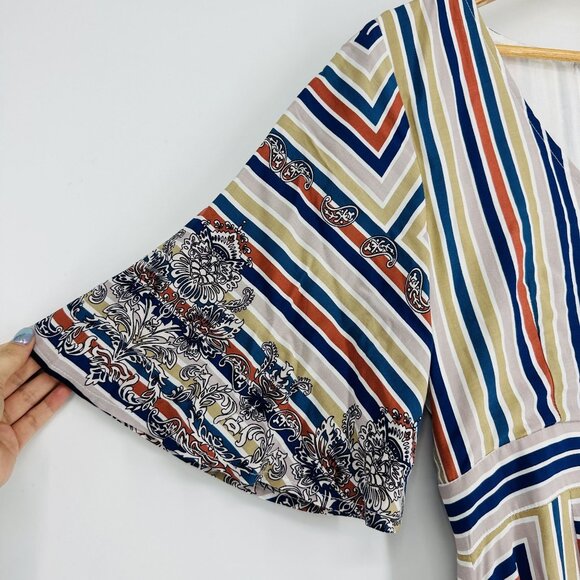 Cotton Bleu Multi Flutter Sleeve Striped Scarf Print V-neck Keyhole Maxi Dress S - Picture 5 of 13